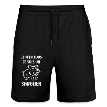 Humour petit sanglier - Short de jogging bio TRAINER Stanley/Stella unisexe - noir - Devant - Nik (191cm) & Marisol (170cm)
