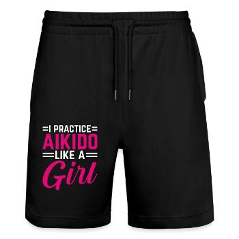 Je pratique l’Aïkido comme une fille - Short de jogging bio TRAINER Stanley/Stella unisexe - noir - Devant - Nik (191cm) & Marisol (170cm)