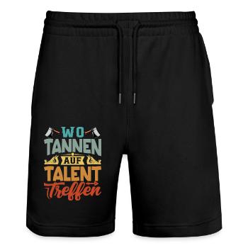Retro Förster Waldarbeiter Spruch - Tanne - Stanley/Stella Unisex Bio Joggingshorts Trainer  - Schwarz - Vorne - Nik (191cm) & Marisol (170cm)