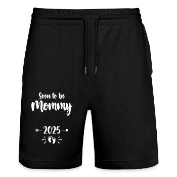 Mama Bald Mama 2025 Mutter Schwangere Kinder Mot - Stanley/Stella Unisex Bio Joggingshorts Trainer  - Schwarz - Vorne - Nik (191cm) & Marisol (170cm)