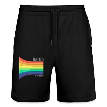 Berlin Regenbogen Stolz Souvenir Mitbringsel - Stanley/Stella Unisex Bio Joggingshorts Trainer  - Schwarz - Vorne - Nik (191cm) & Marisol (170cm)