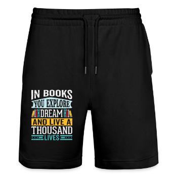 In Books You Explore Bücherwurm Spruch Bekleidung - Stanley/Stella Unisex Bio Joggingshorts Trainer  - Schwarz - Vorne - Nik (191cm) & Marisol (170cm)