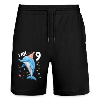 J’ai 9 ans Dauphins Dauphin 9ème anniversaire - Short de jogging bio TRAINER Stanley/Stella unisexe - noir - Devant - Nik (191cm) & Marisol (170cm)