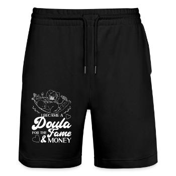 Doula accoucheuse Je suis devenue une - Short de jogging bio TRAINER Stanley/Stella unisexe - noir - Devant - Nik (191cm) & Marisol (170cm)
