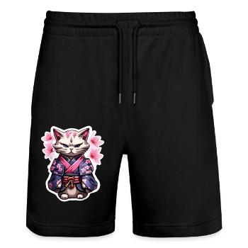 Samurai Katze & Kirschblüten #5 - Stanley/Stella Unisex Bio Joggingshorts Trainer  - Schwarz - Vorne - Nik (191cm) & Marisol (170cm)