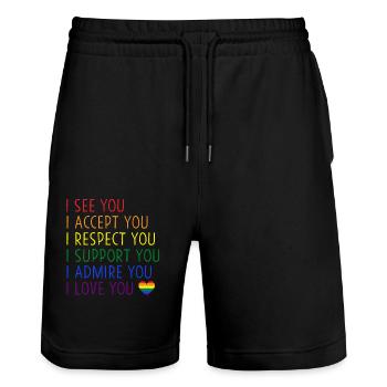 Ich sehe, akzeptiere, respektiere, unterstütze, bewundere, liebe dich, LGBTQ - Stanley/Stella Unisex Bio Joggingshorts Trainer  - Schwarz - Vorne - Nik (191cm) & Marisol (170cm)