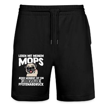 Hund Mops - Stanley/Stella Unisex Bio Joggingshorts Trainer  - Schwarz - Vorne - Nik (191cm) & Marisol (170cm)