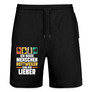Hund Rottweiler - Stanley/Stella Unisex Bio Joggingshorts Trainer  - Schwarz - Vorne - Nik (191cm) & Marisol (170cm)