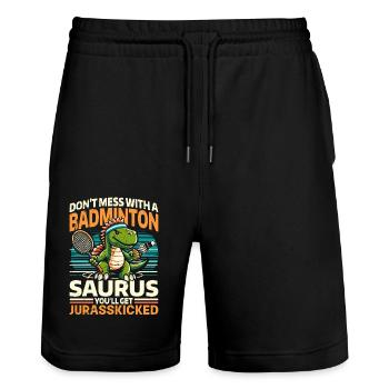 Lustiger Badminton Saurus – Kinder, Jugendliche - Stanley/Stella Unisex Bio Joggingshorts Trainer  - Schwarz - Vorne - Nik (191cm) & Marisol (170cm)