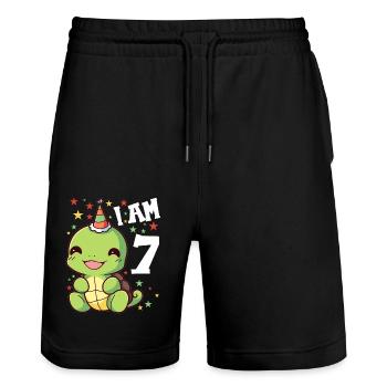 Ich bin 7 Schildkröten Schildkröte 7. Geburtstag - Stanley/Stella Unisex Bio Joggingshorts Trainer  - Schwarz - Vorne - Nik (191cm) & Marisol (170cm)