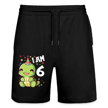 Je suis 6 tortues Tortue 6e anniversaire - Short de jogging bio TRAINER Stanley/Stella unisexe - noir - Devant - Nik (191cm) & Marisol (170cm)