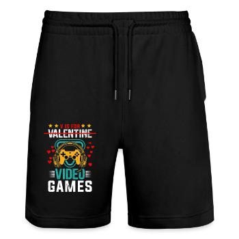 Gamer Valentine - Love & Play Controller Herz-T-Shirt - Stanley/Stella Unisex Bio Joggingshorts Trainer  - Schwarz - Vorne - Nik (191cm) & Marisol (170cm)
