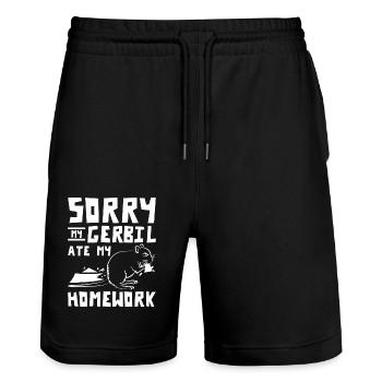 Sorry my gerbil ate my homework - Stanley/Stella Trainer Unisex Organic Jogging Shorts - black - Front - Nik (191cm) & Marisol (170cm)