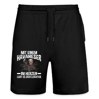 Hund Havaneser - Stanley/Stella Unisex Bio Joggingshorts Trainer  - Schwarz - Vorne - Nik (191cm) & Marisol (170cm)