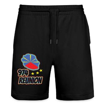 idee cadeau drapeau carte ile de la reunion 974 - Short de jogging bio TRAINER Stanley/Stella unisexe - noir - Devant - Nik (191cm) & Marisol (170cm)