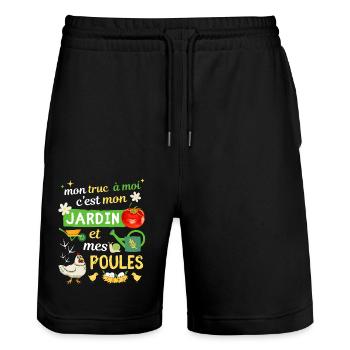 Jardinier Mon truc Mon jardin et mes Poules - Short de jogging bio TRAINER Stanley/Stella unisexe - noir - Devant - Nik (191cm) & Marisol (170cm)