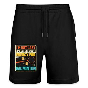 Badminton Spruch - Not Lazy Conserving Energy - Stanley/Stella Unisex Bio Joggingshorts Trainer  - Schwarz - Vorne - Nik (191cm) & Marisol (170cm)