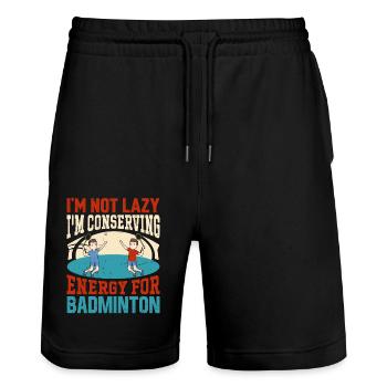 Dicton de badminton - Pas paresseux en économisant l’énergie - Short de jogging bio TRAINER Stanley/Stella unisexe - noir - Devant - Nik (191cm) & Marisol (170cm)