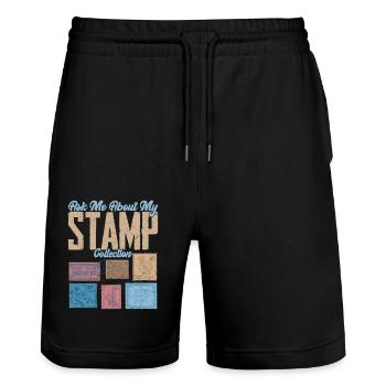 Ask Me About My Stamp Collection 2Let's Talk Stamp - Stanley/Stella Trainer Unisex Organic Jogging Shorts - black - Front - Nik (191cm) & Marisol (170cm)
