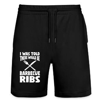 Funny Barbecue Ribs Shirt - Stanley/Stella Trainer Unisex Organic Jogging Shorts - black - Front - Nik (191cm) & Marisol (170cm)