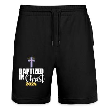 Baptisé En Christ 2024 Religieux Chrétien - Short de jogging bio TRAINER Stanley/Stella unisexe - noir - Devant - Nik (191cm) & Marisol (170cm)
