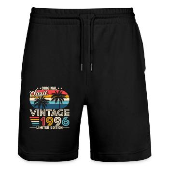 1996 Geburtstagsgeschenk 1996 Jahrgang 1996 Geschenk - Stanley/Stella Unisex Bio Joggingshorts Trainer  - Schwarz - Vorne - Nik (191cm) & Marisol (170cm)