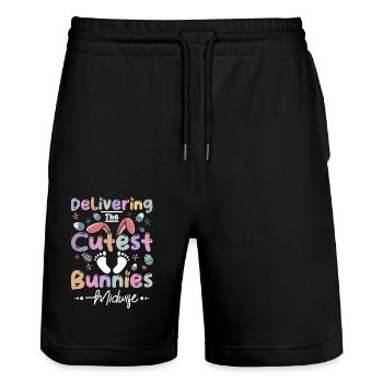 Accouchement des lapins les plus mignons Sage-femme de Pâques - Short de jogging bio TRAINER Stanley/Stella unisexe - noir - Devant - Nik (191cm) & Marisol (170cm)