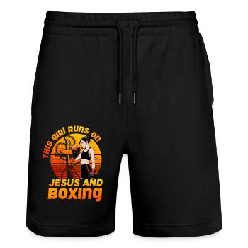 This Girl runs on Jesus and Boxing - Stanley/Stella Trainer Unisex Organic Jogging Shorts - black - Front - Nik (191cm) & Marisol (170cm)