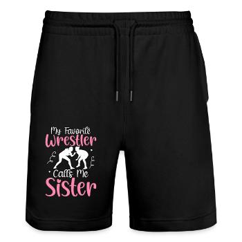 Mon lutteur préféré m’appelle Sister - Short de jogging bio TRAINER Stanley/Stella unisexe - noir - Devant - Nik (191cm) & Marisol (170cm)