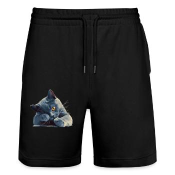 Russian Blue Cat Russisch Blau Katze - Stanley/Stella Unisex Bio Joggingshorts Trainer  - Schwarz - Vorne - Nik (191cm) & Marisol (170cm)