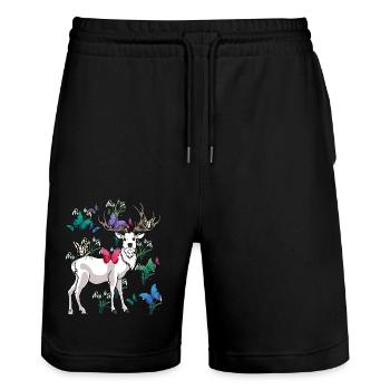 deer spring butterflies flowers nature - Stanley/Stella Trainer Unisex Organic Jogging Shorts - black - Front - Nik (191cm) & Marisol (170cm)