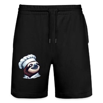 Proud Sloth Chef: Master at the Stove - Stanley/Stella Trainer Unisex Organic Jogging Shorts - black - Front - Nik (191cm) & Marisol (170cm)