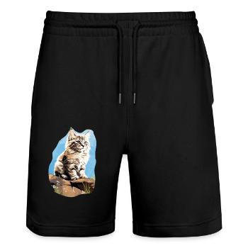 Chat sibérien Sibirische Katze - Short de jogging bio TRAINER Stanley/Stella unisexe - noir - Devant - Nik (191cm) & Marisol (170cm)