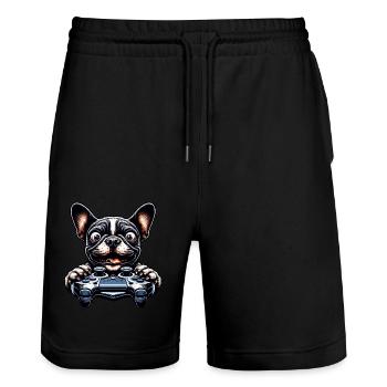 Bouledogue français et passionnés de jeux vidéo - Short de jogging bio TRAINER Stanley/Stella unisexe - noir - Devant - Nik (191cm) & Marisol (170cm)