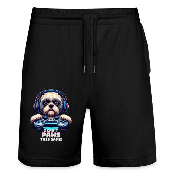 Game nerds, Shih Tzu doggy lovers - Stanley/Stella Trainer Unisex Organic Jogging Shorts - black - Front - Nik (191cm) & Marisol (170cm)