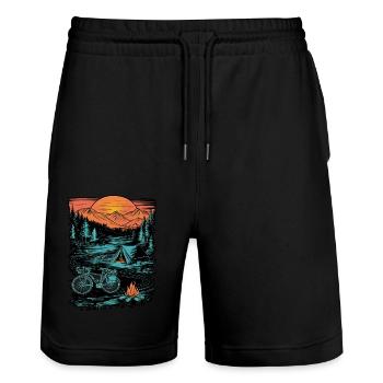 Bicycle Camping Camping Mountains Nature Excursion - Stanley/Stella Trainer Unisex Organic Jogging Shorts - black - Front - Nik (191cm) & Marisol (170cm)