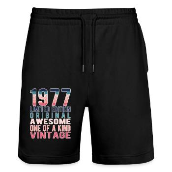 Edition limitée depuis 1977 Anniversaire Millésime 1977 - Short de jogging bio TRAINER Stanley/Stella unisexe - noir - Devant - Nik (191cm) & Marisol (170cm)