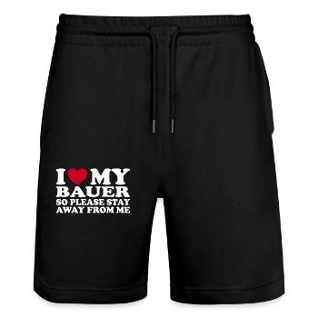 I Love My Farmer Stay Away Fun Statement - Stanley/Stella Trainer Unisex Organic Jogging Shorts - black - Front - Nik (191cm) & Marisol (170cm)