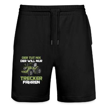 He doesn't do anything He just wants to drive a tractor Farmer Burrow - Stanley/Stella Trainer Unisex Organic Jogging Shorts - black - Front - Nik (191cm) & Marisol (170cm)