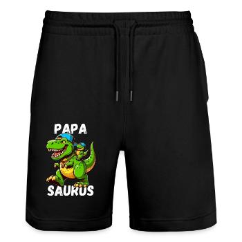 Papa Saurus Dinosaurier Vatertag Baseball Lustig - Stanley/Stella Unisex Bio Joggingshorts Trainer  - Schwarz - Vorne - Nik (191cm) & Marisol (170cm)