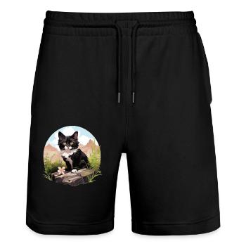 Tuxedo Kätzchen Tuxedo Katze - Stanley/Stella Unisex Bio Joggingshorts Trainer  - Schwarz - Vorne - Nik (191cm) & Marisol (170cm)
