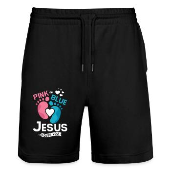 Pink or blue jesus loves you Gender Reveal - Stanley/Stella Unisex Bio Joggingshorts Trainer  - Schwarz - Vorne - Nik (191cm) & Marisol (170cm)