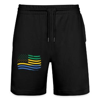 Gabonese Roots and Gabon American Flag - Stanley/Stella Trainer Unisex Organic Jogging Shorts - black - Front - Nik (191cm) & Marisol (170cm)