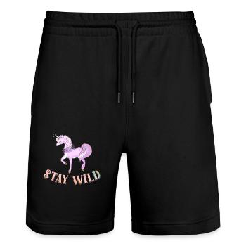 Bleiben Sie wild Lustig Niedliches Rosa Einhorn Pferd Reiten Wortspiel - Stanley/Stella Unisex Bio Joggingshorts Trainer  - Schwarz - Vorne - Nik (191cm) & Marisol (170cm)
