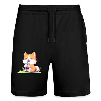 Hund der Bubble Tee trinkt Boba and Dogs Anime - Stanley/Stella Unisex Bio Joggingshorts Trainer  - Schwarz - Vorne - Nik (191cm) & Marisol (170cm)