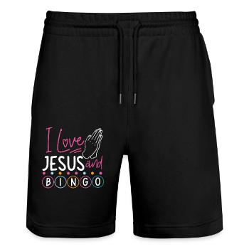 Bingo Player Jesus Faith Christian - Stanley/Stella Unisex Bio Joggingshorts Trainer  - Schwarz - Vorne - Nik (191cm) & Marisol (170cm)