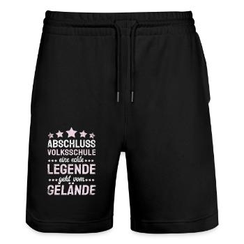 Volksschule Abgänger 2024 Tschüss Volksschule - Stanley/Stella Unisex Bio Joggingshorts Trainer  - Schwarz - Vorne - Nik (191cm) & Marisol (170cm)