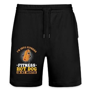 Hot Dog Adult Pun I'm Into Fitness - Stanley/Stella Trainer Unisex Organic Jogging Shorts - black - Front - Nik (191cm) & Marisol (170cm)