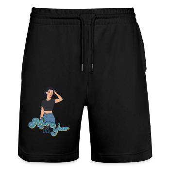 Mutter des Jahres Lustige Mutti Stolze Mama Design - Stanley/Stella Unisex Bio Joggingshorts Trainer  - Schwarz - Vorne - Nik (191cm) & Marisol (170cm)
