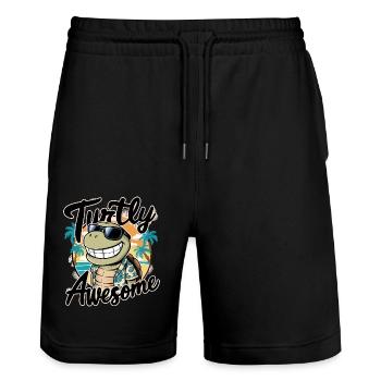 Funny Shield Greatest Saying Turtly Awesome - Stanley/Stella Trainer Unisex Organic Jogging Shorts - black - Front - Nik (191cm) & Marisol (170cm)